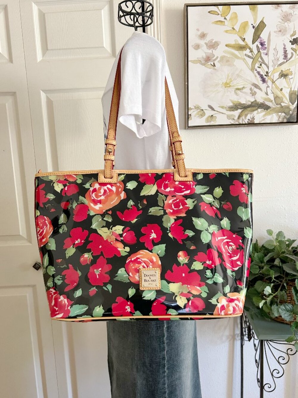 Dooney & Bourke Patent Leather Black Floral Tote with Red and Green Rose Print